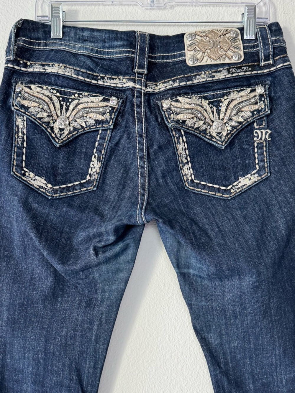 Miss Me Bootcut Jeans 28 Mid Rise Dark Wash  Embellished Wing Flap Pocket Y2K